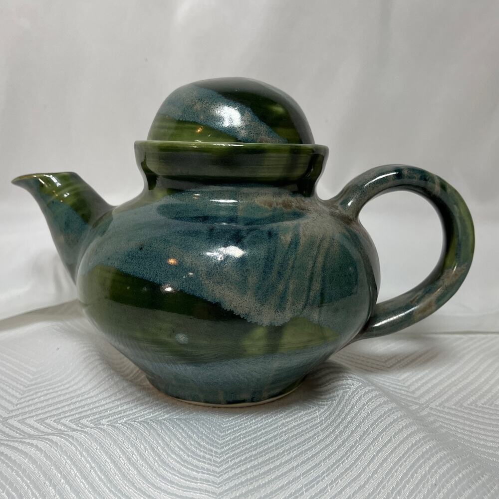Handmade Ceramic Teapot Domed Lid Blue Green Glaze 6" Tall Holds 4 Cups